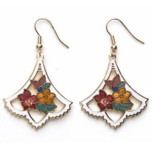 White Multi Color Flowers Design Cloisonne Enamel Painted Earrings